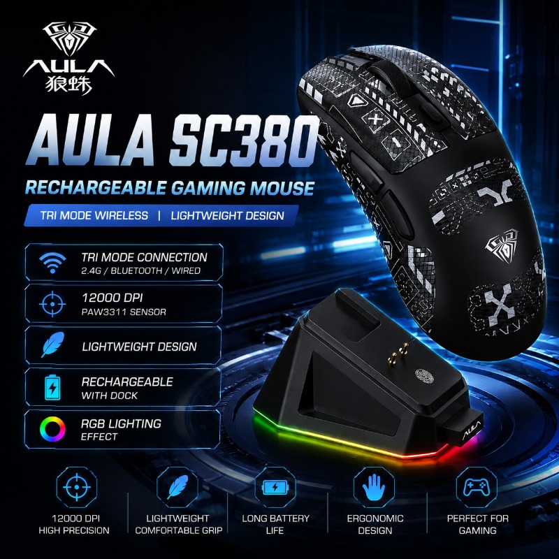 Esports Gaming Mouse Wireless - AULA SC380 Mysz Gamingowa Trójtrybowa Bezprzewodowa