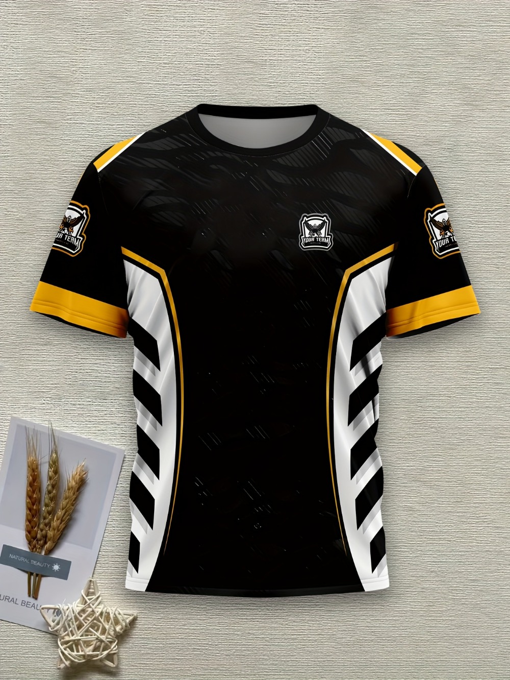 Esports Gaming Logos - Męska koszulka gamingowa drużyny e-sportowej, czarno-złoto-biała,